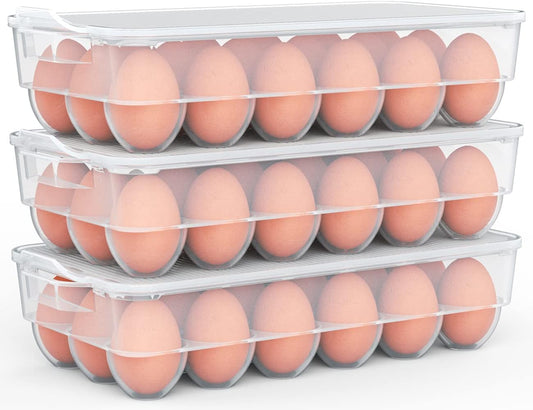 Clear Covered Egg Holder 3-Pack, Plastic Egg Storage for Refrigerator, Egg Tray Container with Lid, Fits 18 Eggs