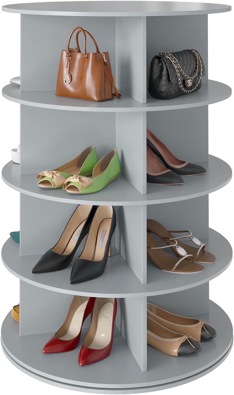 SpaceAid 4 Tier Rotating Shoe Rack Tower, Spinning Shoe Display Lazy Susan, Revolving 360 Shoe Rack Storage Round Carousel, Vertical Handbag Rotate Shoes Closet Organization (4-Tier Gray)