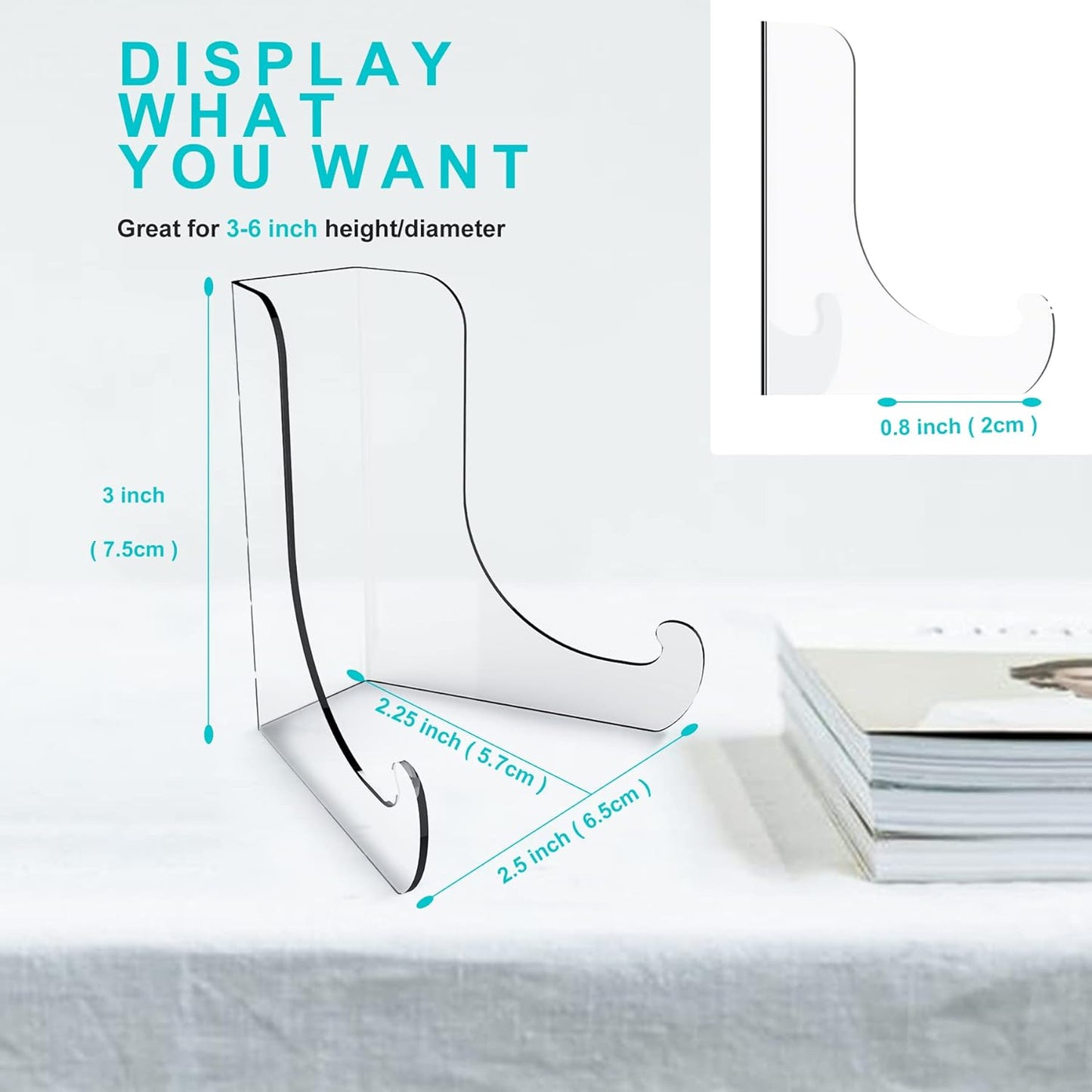 Boloyo Flat Back Acrylic Plate Display Stand , 3 Inch 2PC Clear Acrylic Display Holder Easel Base for Home Office Kitchen School Art Display