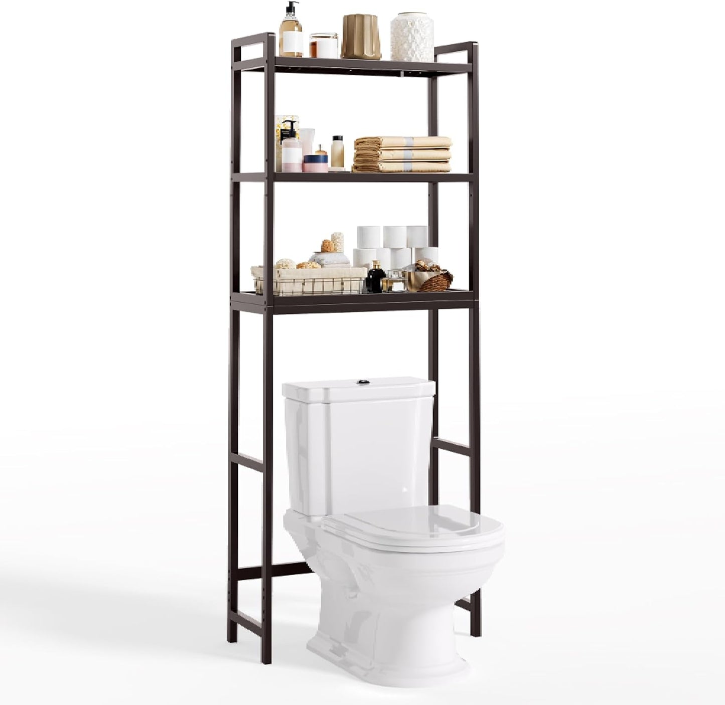 Gizoon Over The Toilet Storage, 3 Tier Bamboo Bathroom Organizer with Adjustable Shelf, Freestanding Above Toilet Stand, Bathroom Storage Shelf Rack