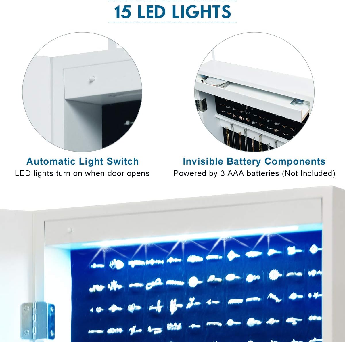 Giantex Jewelry Armoire Cabinet Wall Mounted Door Hanging, Lockable Jewelry Cabinet with Full Length Mirror, 15 LED Lights, Large Storage Jewelry Box Organizers with 2 Drawers (14.5"W x 4"D x 47.5"H)