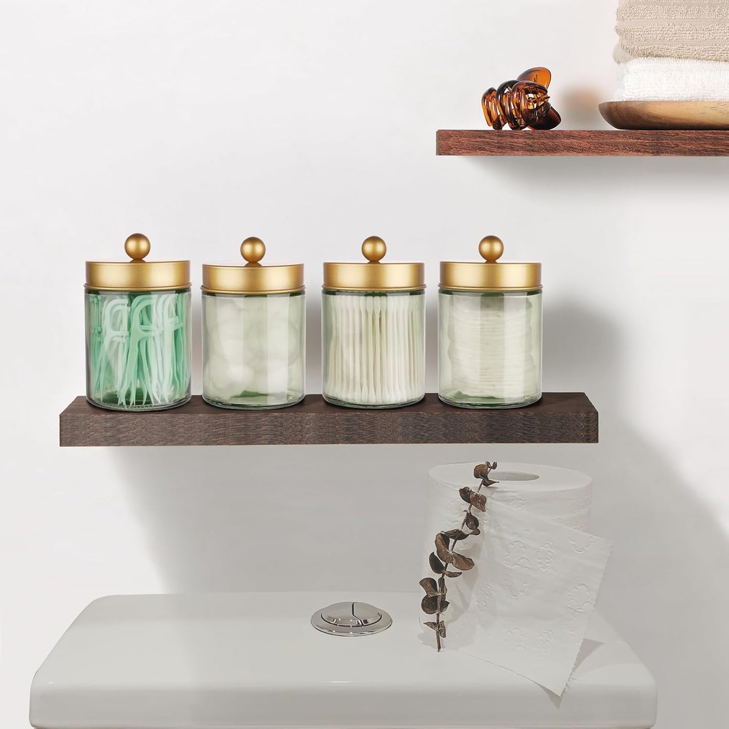 Amolliar Sage Green Apothecary Glass Jar With Metal Lid & Stickers, Bathroom Qtip Holder Storage Canister, Farmhouse Decor for Cotton Balls, Cotton Swabs, Round Pads, Bath Salt, Floss,Gold 4 Pack