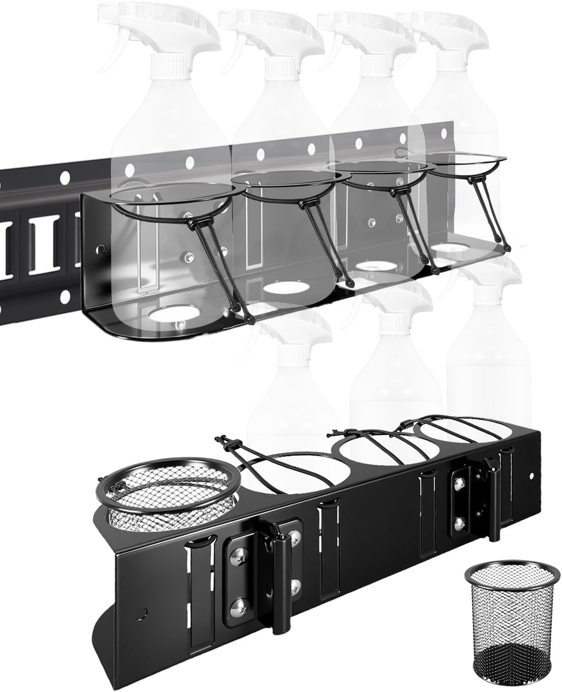 2 Pack E-Track Spray Bottle Holder, Heavy Duty Spray Can Rack for Enclosed Trailer, Wall Mount Bottle Organizer 7-Bottle Capacity with Tool Organizer, E Track Accessories