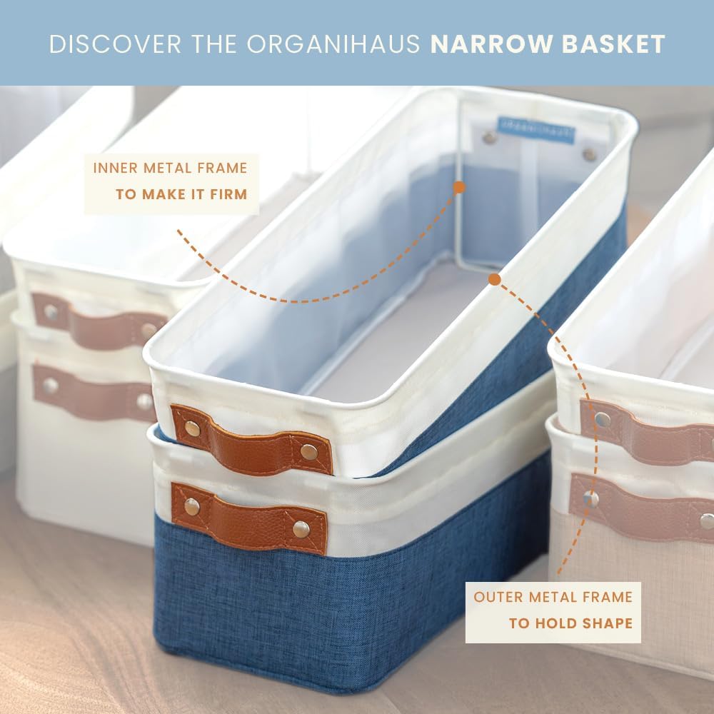OrganiHaus Narrow Storage Bins 15x06in, Small Closet Bins for Shelves, Bathroom Storage Baskets for Shelves, Narrow Baskets, Fabric Organizer with Handles, Toilet Paper Organizer - 2 Pack, Gray