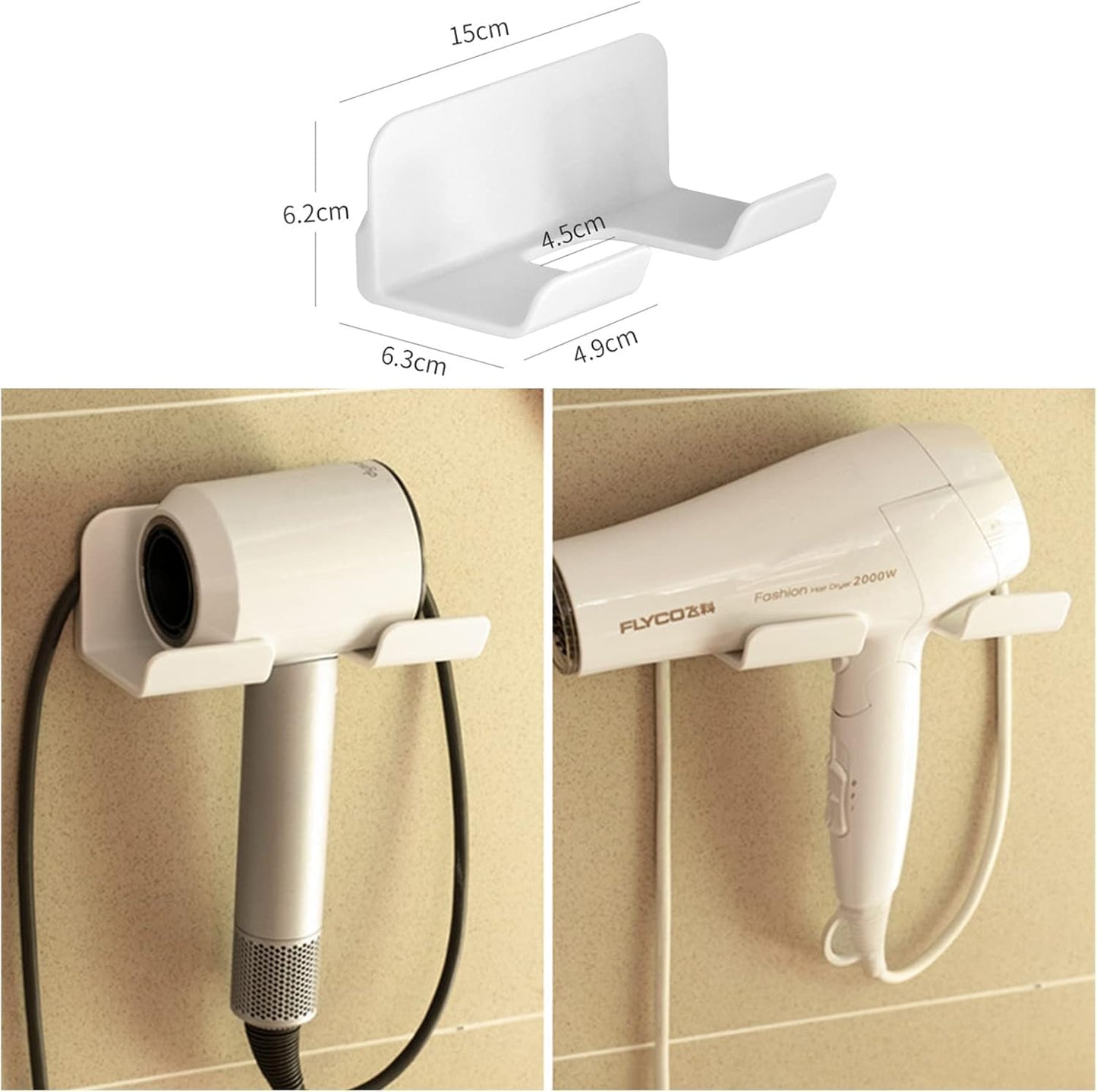 2 Pack Universal Hair Dryer Holder, Self Adhesive Wall Mount Stand for Most Brand/Size Hair Blow Dryer Hair Dryer Organizer Rack with Plug&Wire Hook for Bathroom