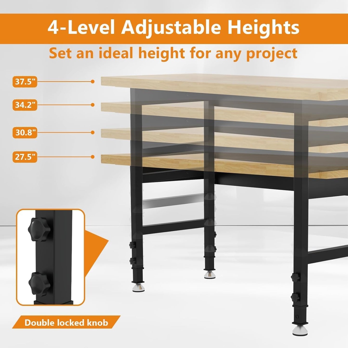 60" Adjustable Height Work Bench, Heavy-Duty Thicker Workbench, 2000 LBS Load Capacity Work Table for Garage, Workshop, Office, Home