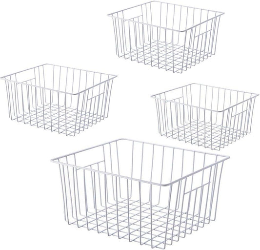 Freezer Wire Baskets, Kitchen Storage Organizer Bins for Chest and Upright Freezer, Refrigerator Dividers Containers with Handles - Pearl White (4)