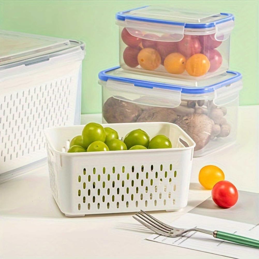 iayokocc 2 Pack Fruit Storage Containers for Fridge, Stackable Food Storage Containers with Removable Colander, Refrigerator Organizer with Drain Baskets Lids- Keeping Food Fresh Longer