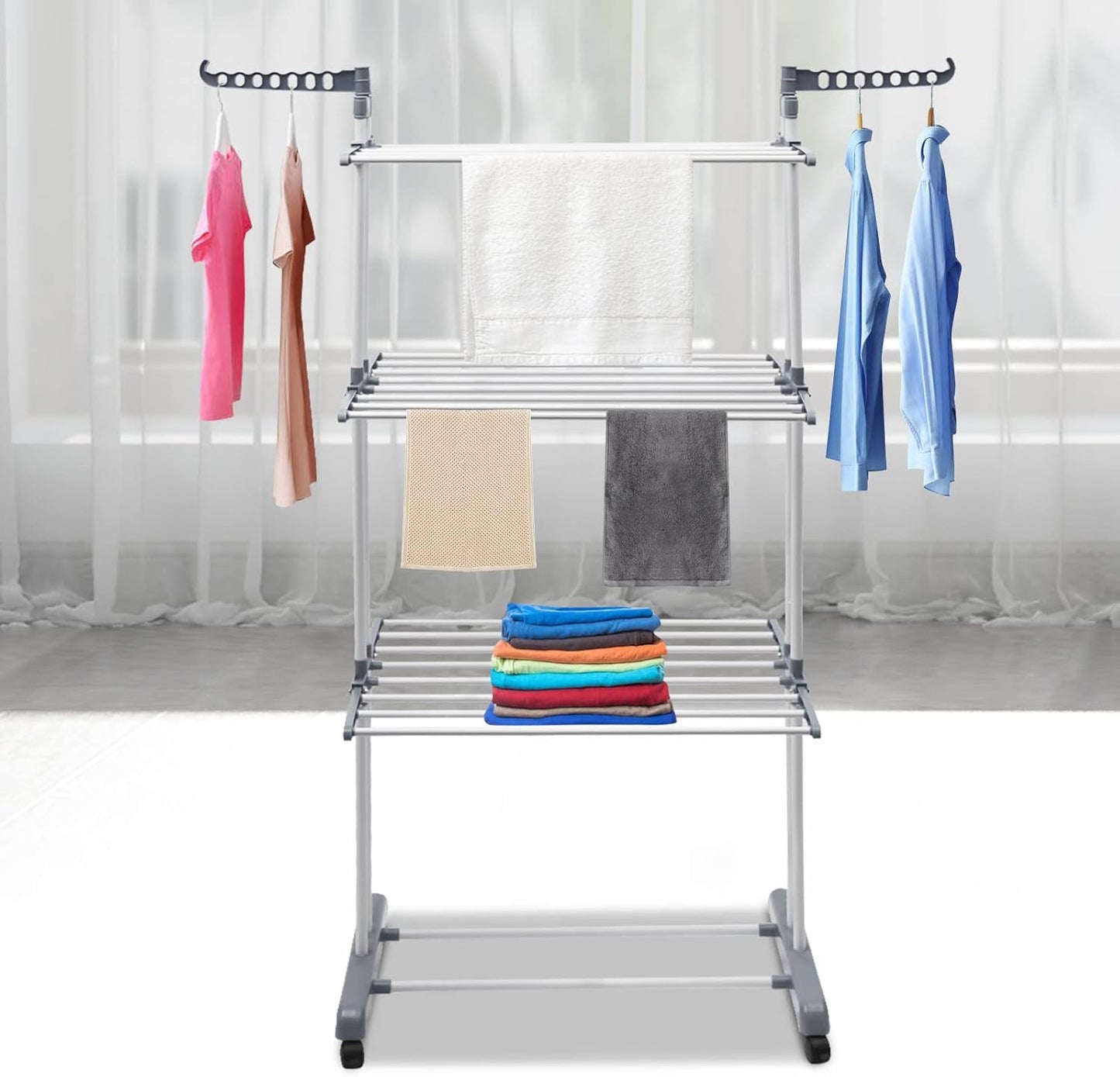 Drying Rack, 29.92*19.69*67.72inch 4 Tier Folding Clothes Drying Rack Rolling Laundry Garment Dryer Stand Multifunctional Stainless Steel Dryings Racks with Wheels for Bedrooms Lofts Balconies Patios
