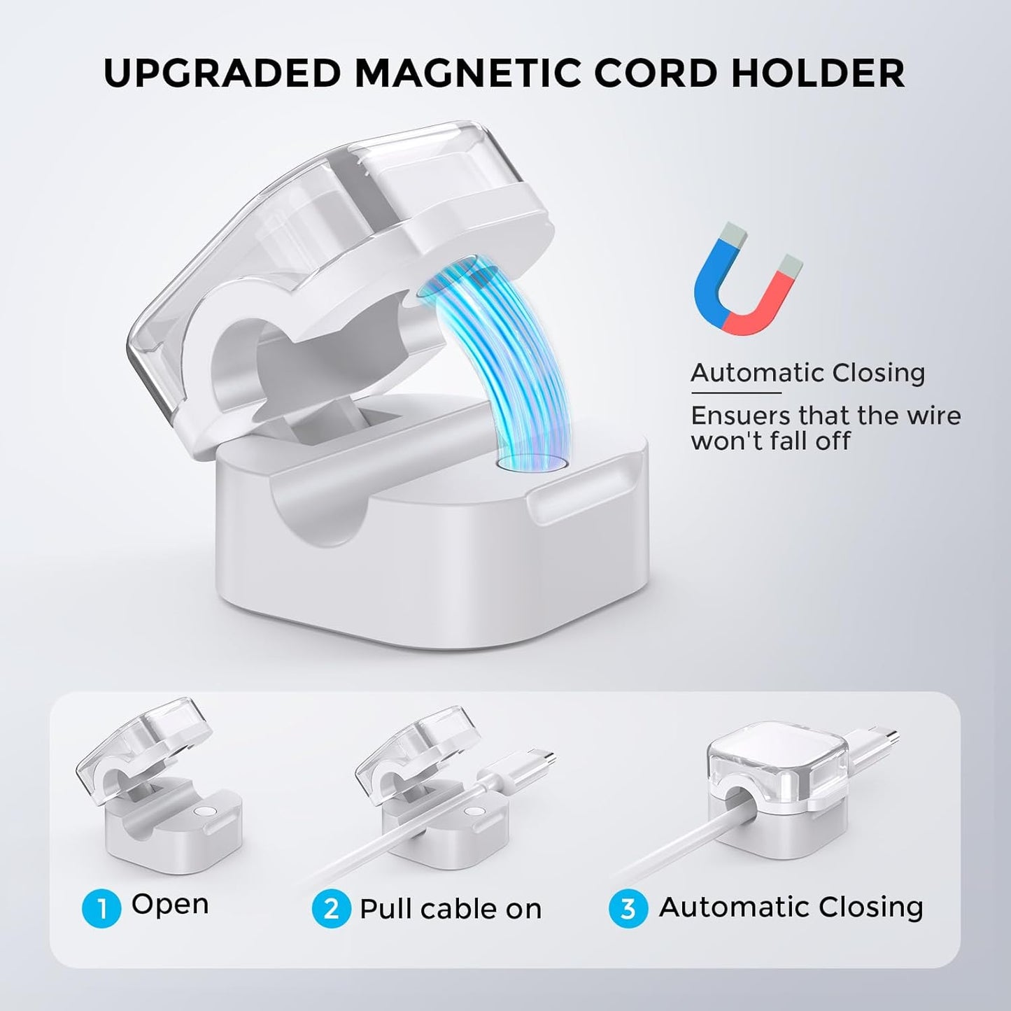 AhaStyle Magnetic Cable Organizer [1s Lock] 6 Pack Cord Holders Clips Strong Adhesive Cord Keeper [Smooth Adjustable] Hide Wire Cord Organizer for Nightstand Kitchen Car Office (White)
