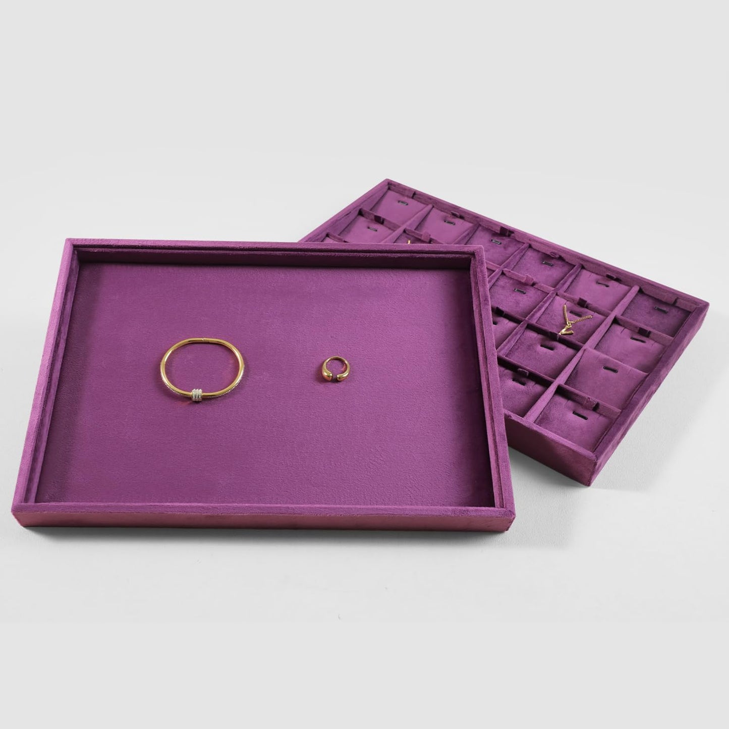 Velvet Stackable Jewelry Display Flat Tray For Ring Earring Necklace Bracelet, Bangle Pendant Storage Blank Plate, Shop Countertop Jewelry Dish Organizer (Purple)