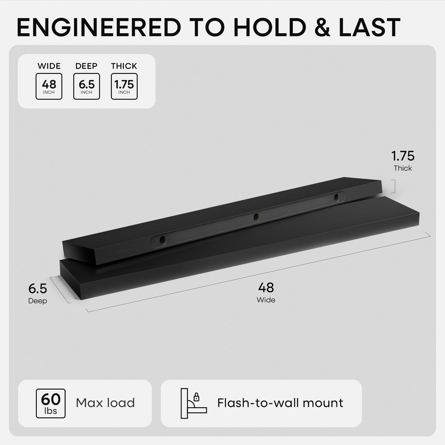 Homeforia Black Floating Shelf 48 inches, High End Solid Real Wood 48 inch Long Floating Shelves for Wall, Black Wooden 48inch Large Floating Shelves, Heavy Duty Bracket, 48 X 6.5 X 1.75 in, Set of 2