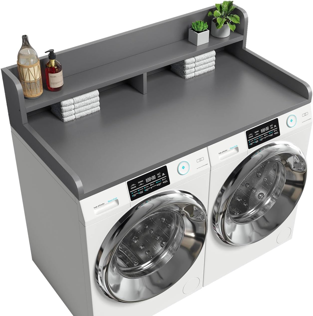 2-Tier Washer Dryer Countertop with 2.75"H Edge Rails, 54" W x 27.55" D Laundry Countertop for Folding Clothes, Washer and Dryer Topper with Non-Slip Pad (Gray)