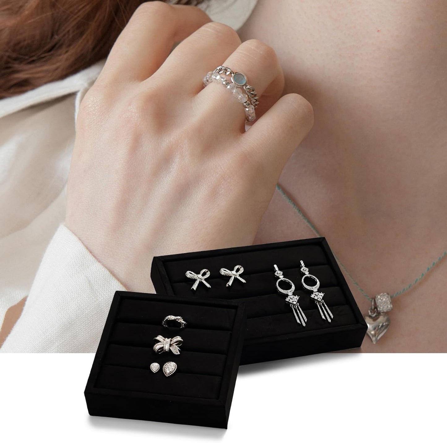 Black Velvet 3-Slots Jewelry Ring Display Tray Showcase Small Jewelry Display Organizer Tray for Rings(S)