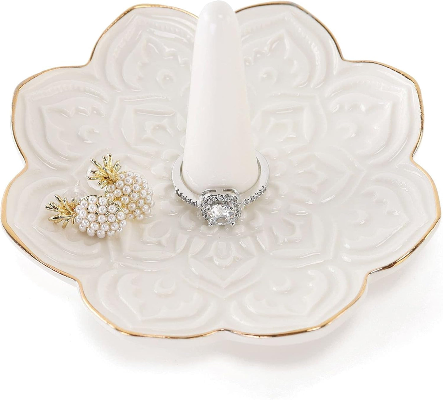 Ceramic White Mandala Jewelry Holder Decorative Ring Holder/Trinket Tray Engagement Wedding Birthday Gifts for Women Her