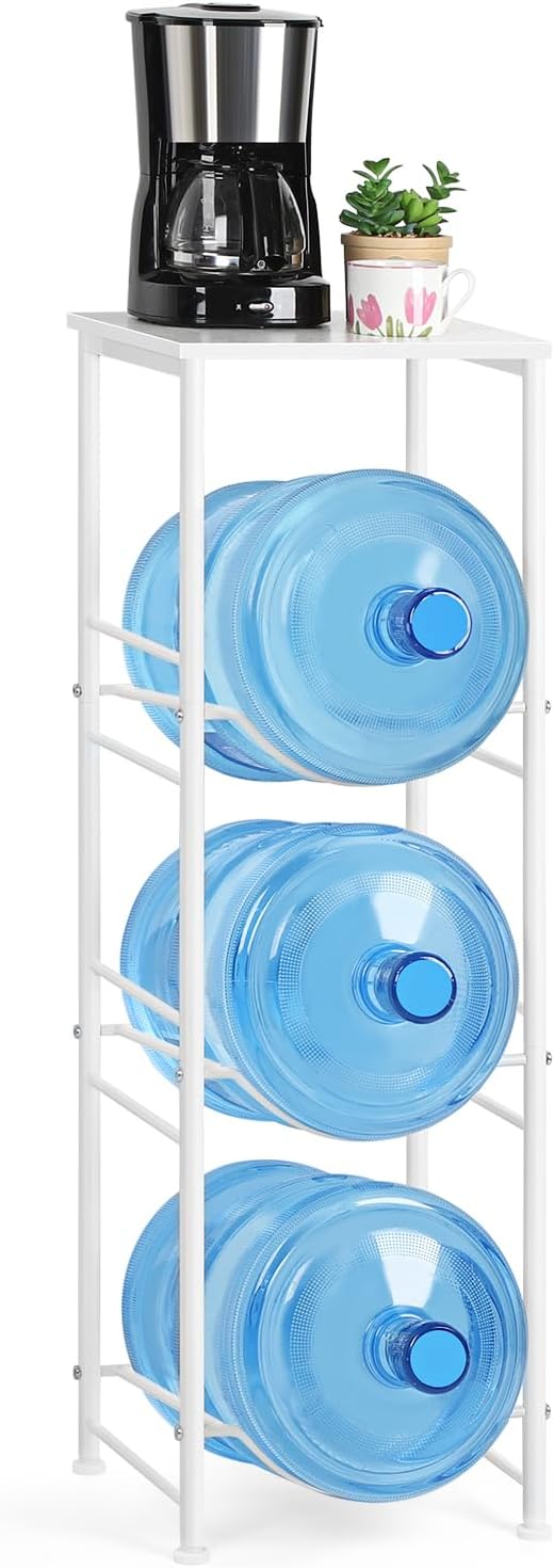 OYEAL 5 Gallon Water Bottle Jug Holder 3-Tier Water Bottle Holder Organizer with Top Shelf, Heavy Duty Water Dispenser Stand Rack for Kitchen Living Room Office, White