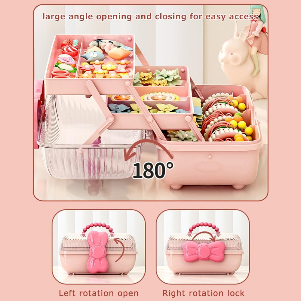 Cute Girls Hair Accessories Storage Box Bow Switch Organizer Box Jewelry Box, Plastic Hair Ties Holder Hair Clips Container Storage Box for Home, School, Office(Pink)