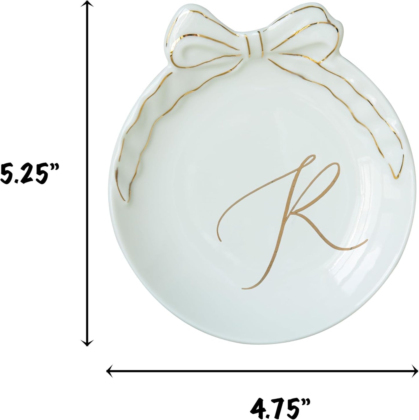 COLLECTIVE HOME - Personalized Initial Ceramic Jewelry Tray with Bow, Christmas Gift Ideas for Women, Small Gift for Girlfriend Wife, Ring Holder, Earrings Dish, Birthday Gift for Her (R)