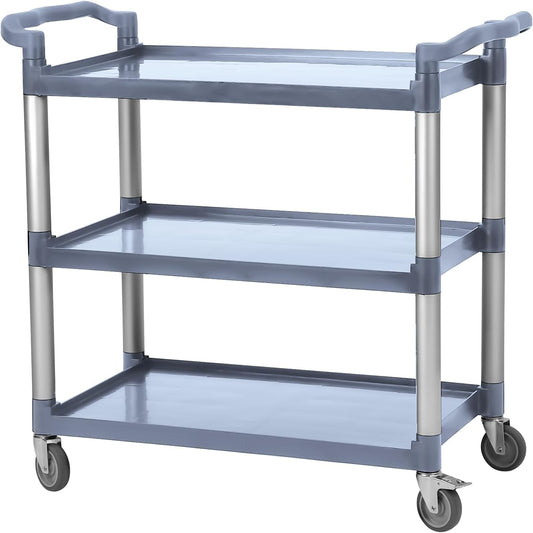 3-Tier Plastic Service Utility Cart with Wheels, Heavy Duty 3-Shelf Rolling Utility/Push Cart for Foodservice/Commercial/Restaurant/Office/Kitchen/Hotel, Grey