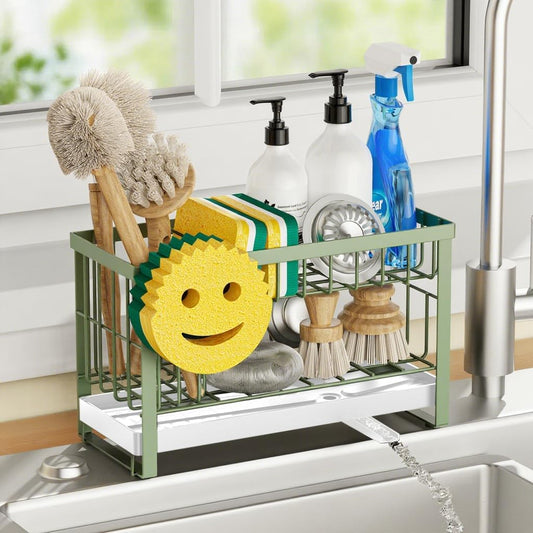 Sponge Holder for Kitchen Sink with Flexible Sponge Holder Smiley Face,2 Tier Kitchen Sink Organizer Countertop and Storage Essentials,Soap Dispenser Organize,Home Decor Accessories-Green