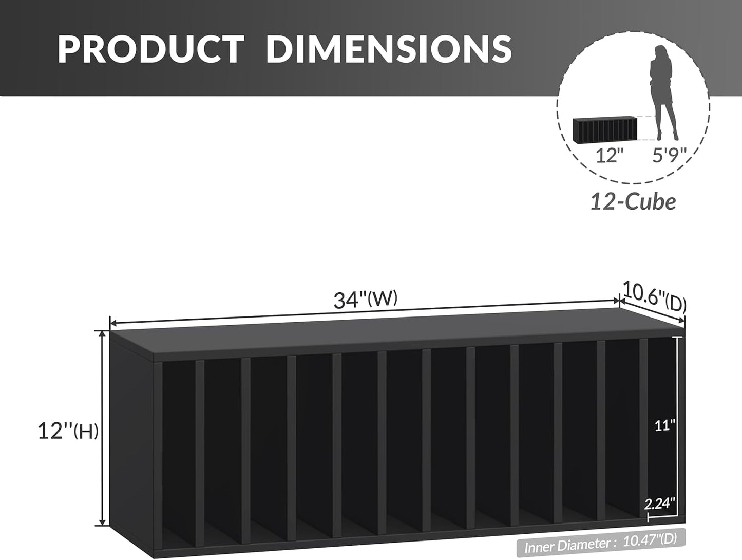 IOTXY DIY Modular Cube Bookcase - CubeXY Customizable Stackable Expandable Basic Shelving Units, 12-Cube Wooden Open Bookshelf with Removable Shelves for Vinyl Record Storage Organizer, Black