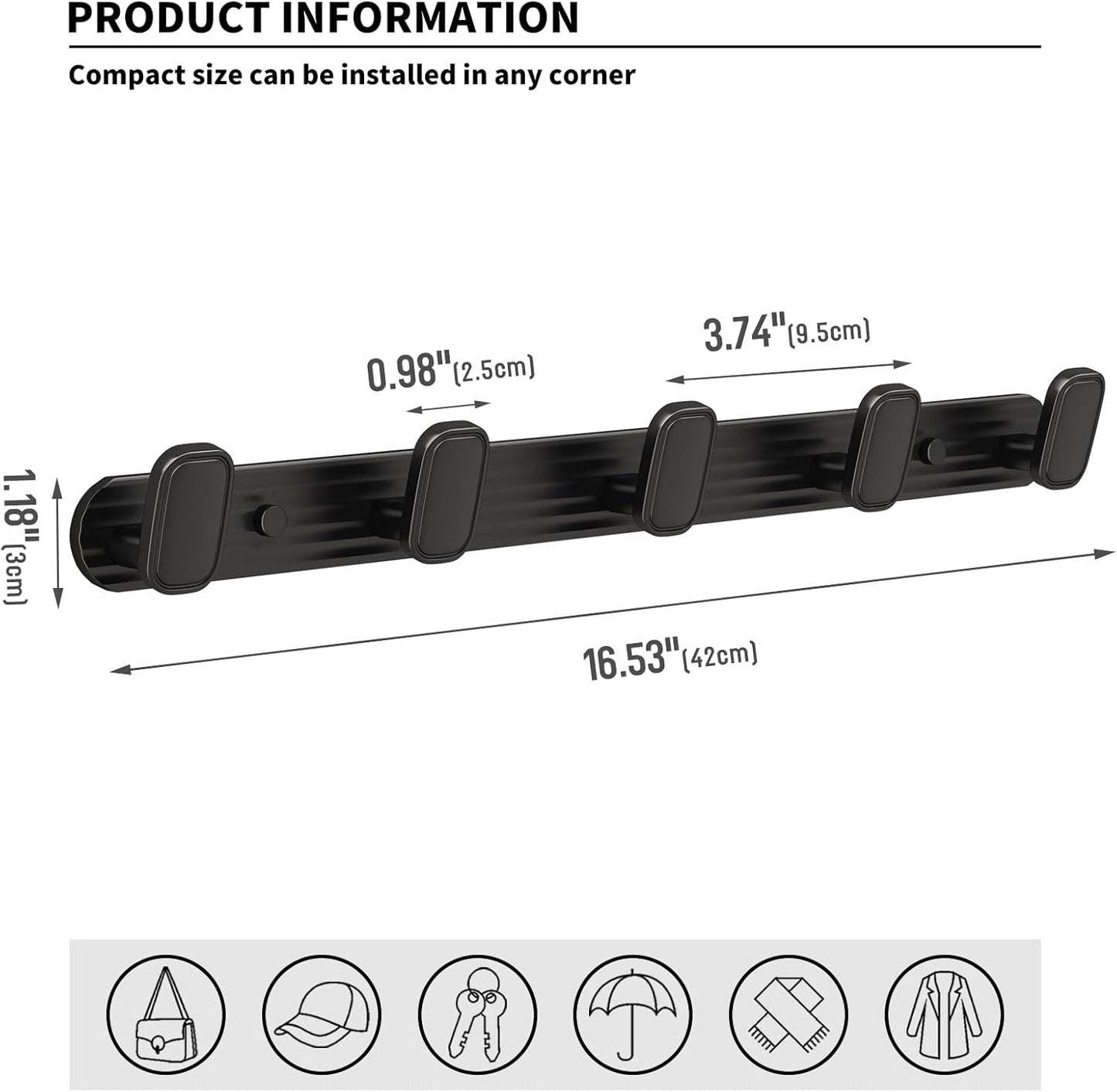 Coat Rack Wall Mount Black, 5 Hooks Rack Metal Coat Hanger Wall for Hanging Hat Purse and Robes, Towel Hook for Bathrooms and Entryway (1 Pack)