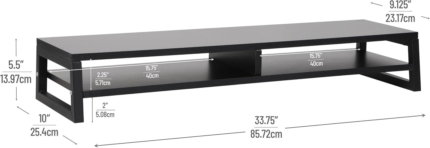 Mind Reader 2-Tier MDF Double Monitor Stand, Dual Screen Riser with Storage Shelf, 33.75 Inch Wide, 88 lb Capacity, Black