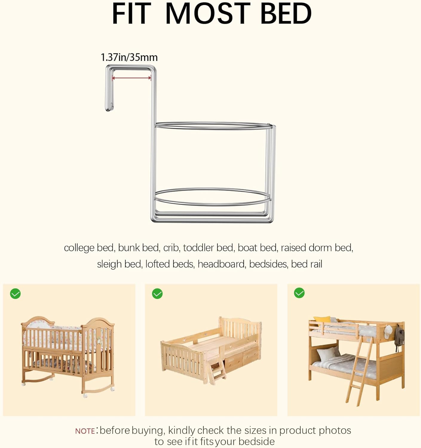 Cup Holder for Bed (Diameter: 4.1IN) Drink Holder Water Bottle/Glass Organizer for Wood Dorm Room Bunk Bed Crib, Metal Toddle Bed,Loft Bedside, Headbed, Car,Office Desk Partition