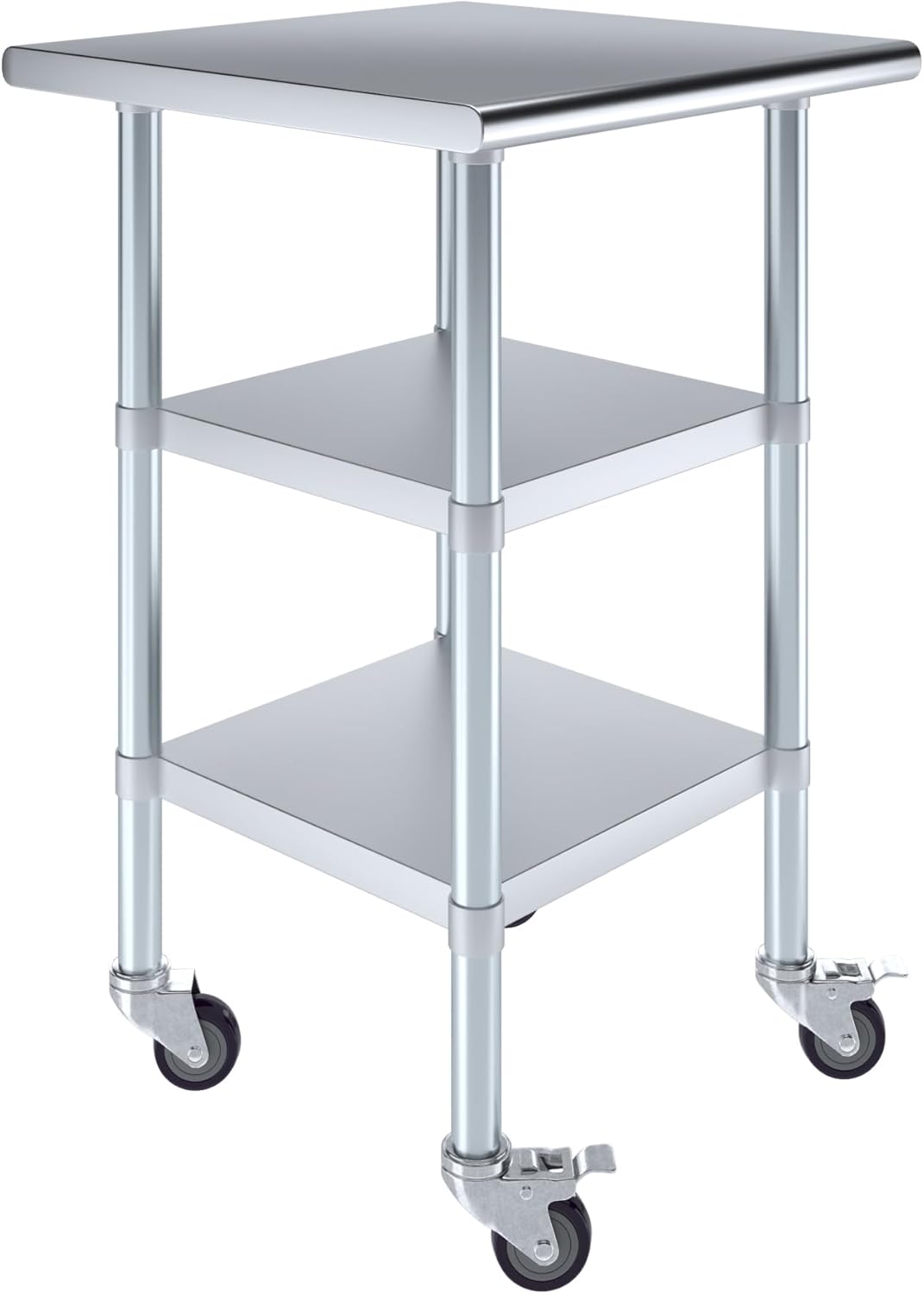 AmGood Stainless Steel Work Table with 2 Shelves and Casters | Metal Utility Table On Wheels (Stainless Steel Work Table with 2 Shelves + Casters, 24" Long x 24" Deep)
