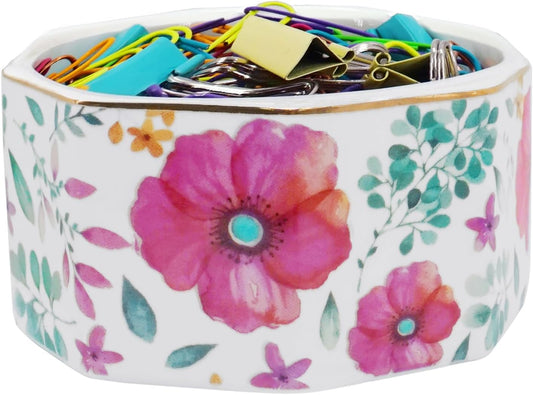 Ceramic Paper Clip Holder Gold Line Paper Clip Dispenser Organizer for Desk Cute Floral Pattern Office Binder Clip Holder Bobby Pin and Hair Clip Holder Gift for Office (Purple Red)