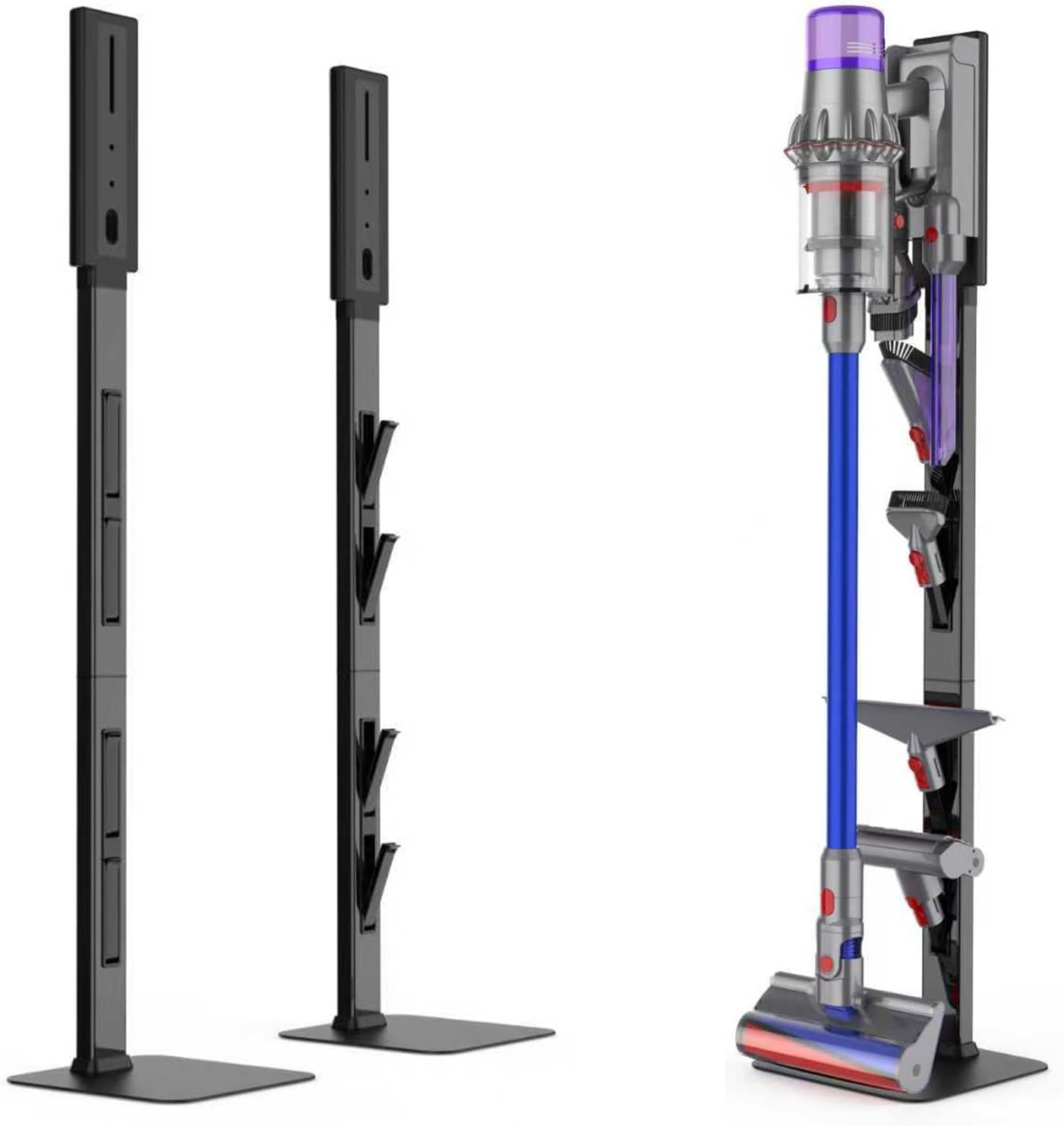 Vacuum Stand for Dyson with Foldable Storage Hooks and Heavy-Duty Carbon Steel Base, No Drill Installation, Space-Saving Organizer for All Dyson Cordless Vacuums & Accessories