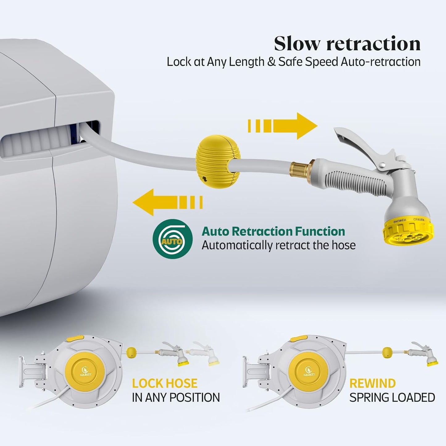 130 ft x 1/2" Retractable Garden Hose Reel, Heavy Duty Water Hose Reel Wall Mounted, Any Length Lock, 180°Swivel, Water Hose with 8-Function Nozzle for Cleaning, Watering (Yellow)