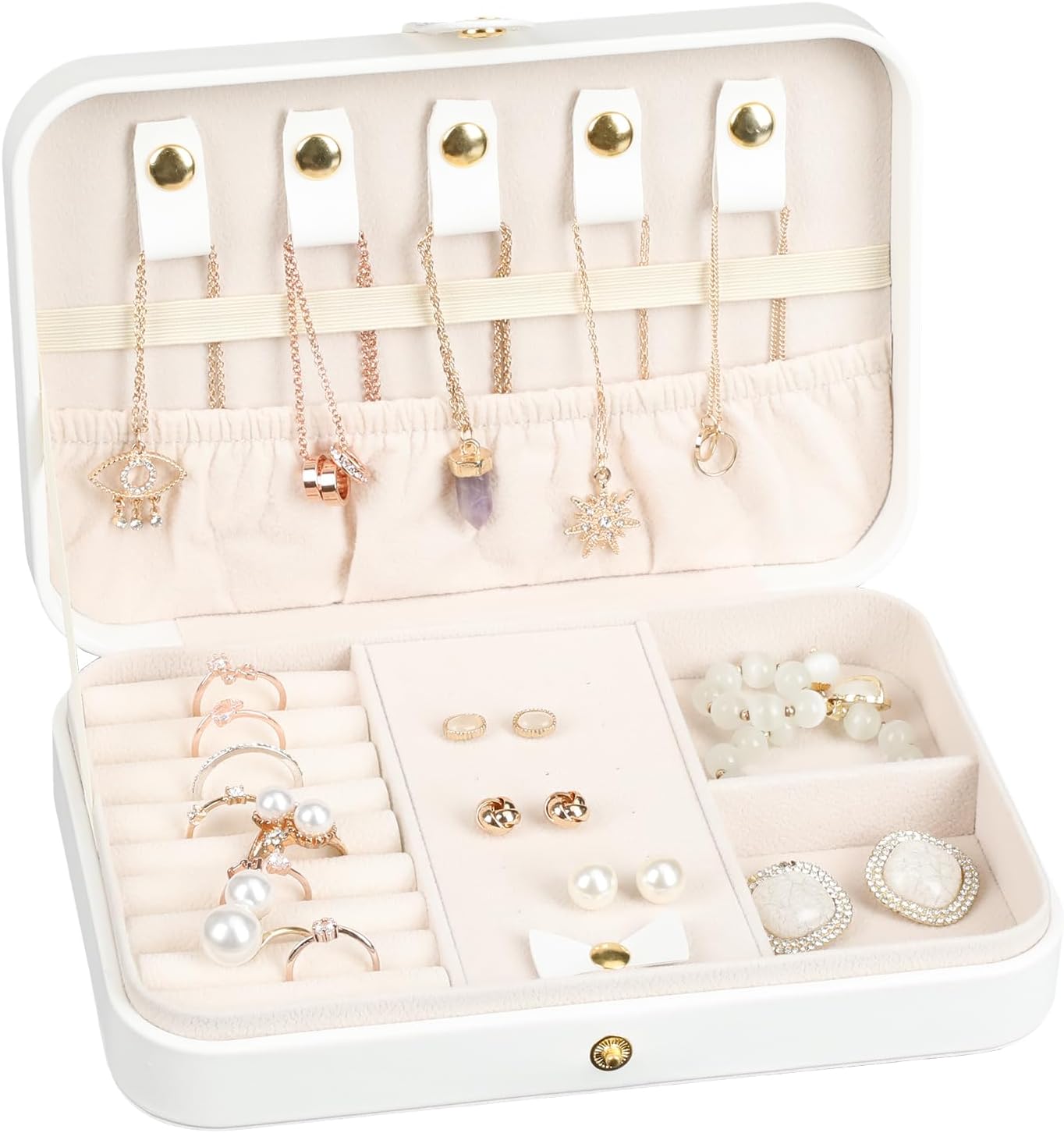 Small Jewelry Box, Travel Jewelry Case Portable Jewelry Boxes for Women, 2-Layer Mini Jewelry Travel Organizer, Gift for Women Girls,White D