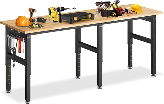84” Heavy Duty Workbench, 5000 LBS Capacity Adjustable Work Bench with Pegboard and Power Outlet, Rubber Wood Work Table for Garage, Office, Workshop, Home