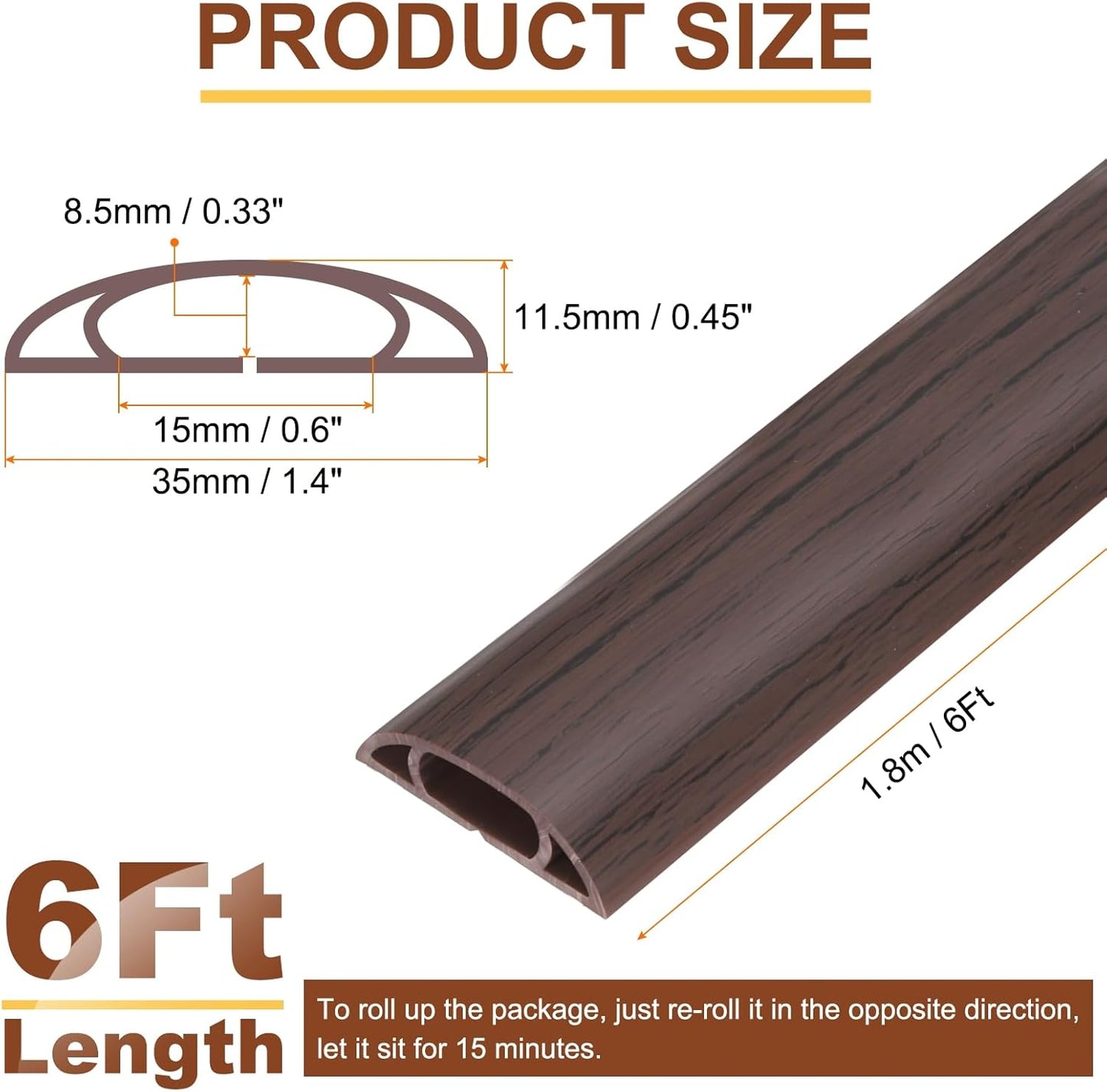 HARFINGTON 6ft Cord Cover Floor W0.6 x H0.33 Inner Channel PVC Hide Extension Cable Floor Wire Hider Wire Covers Protector for Prevent Cable Trips Cables Management, Wood Black