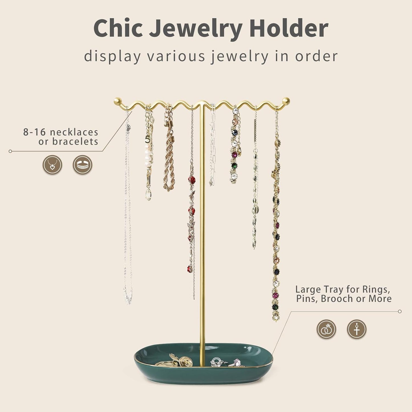 Elegant Jewelry Holder Stand: Metal Tree & Ceramic Tray Organizer for Necklaces, Rings, Earrings - Durable, Rustproof Display Holder Easy to Access Emerald Green