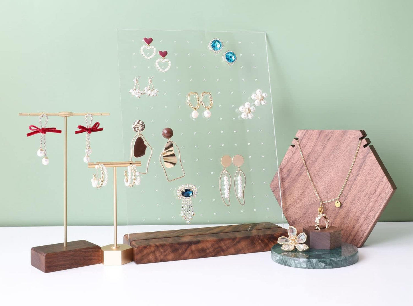 GemeShou walnut earring display for selling jewelry, wooden earring holder for studs display, small jewelry studs display board for show【Wood stand with acrylic board-Walnut】
