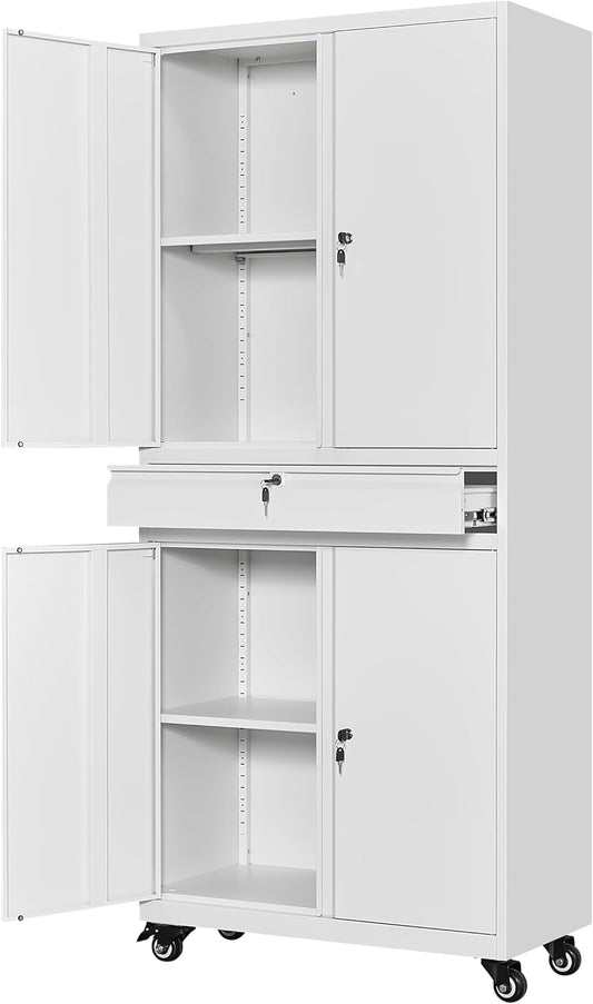 Yizosh Metal Garage Storage Cabinet with Locking Doors and Adjustable Shelves, 73" Rolling Tool Storage Cabinet with 4 Wheels and 1 Drawer for Garage,Warehouse