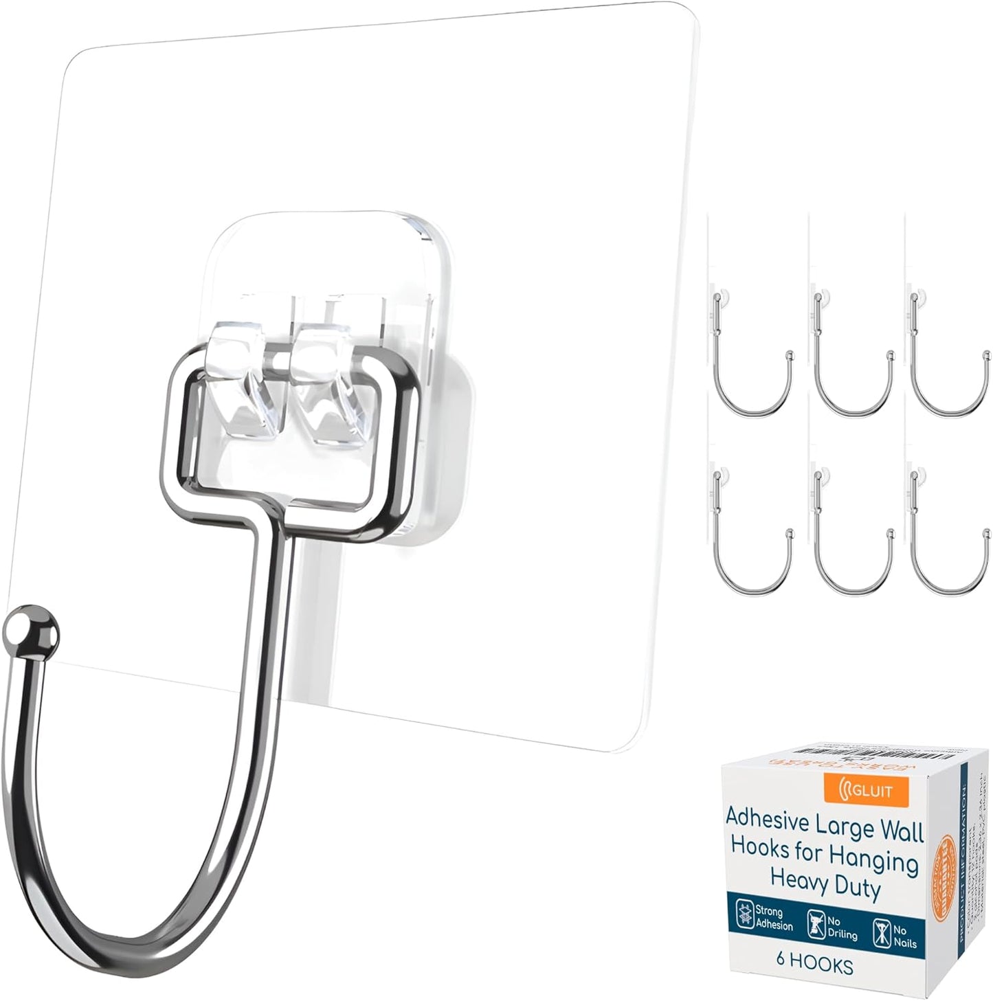 GLUIT Adhesive Large Wall Hooks for Hanging Heavy Duty 22 lbs Hooks for Walls No Damage, Towel Sticky Clear Hooks, Waterproof, Home, Bathroom, Kitchen, Office, and Outdoor 6 Pack