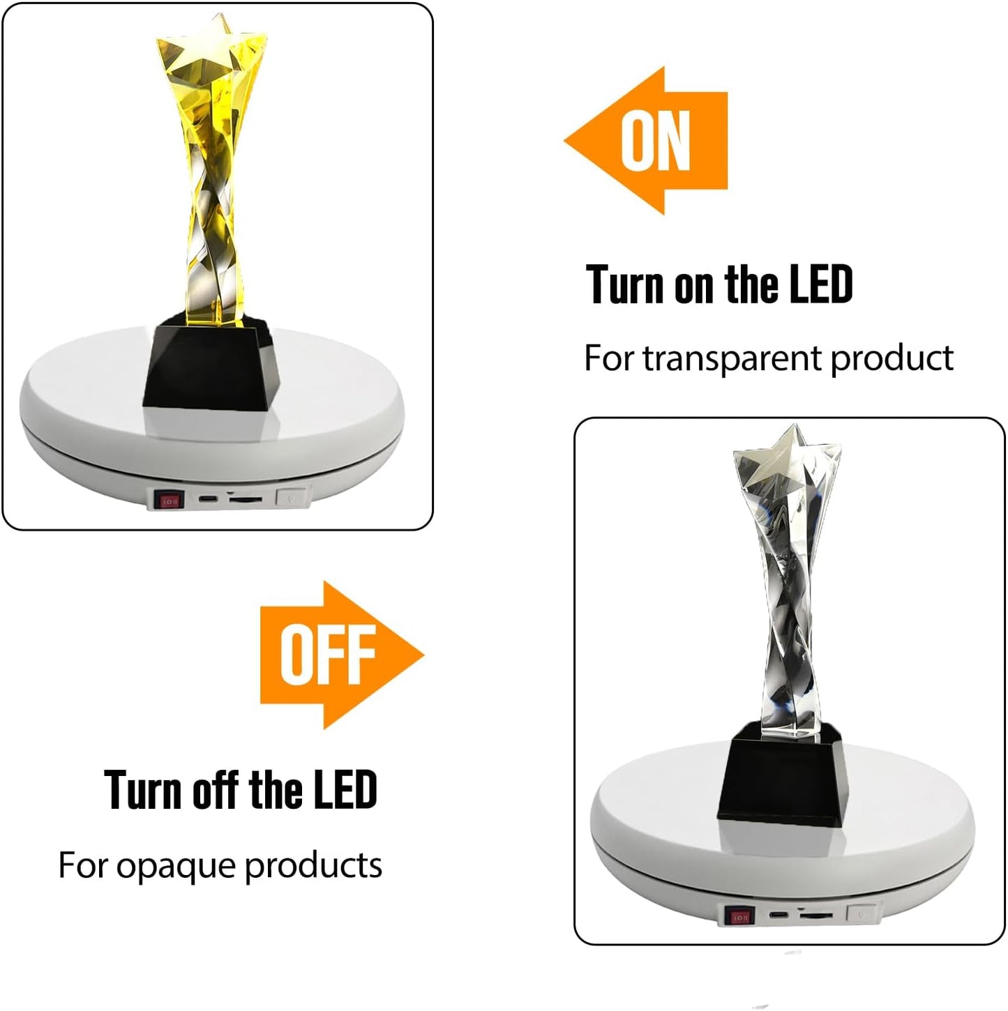 JAYEGT Motorized Rotating Display Stand with LED Light , 10 inch /55lbs Load, 360 Degree Electronic Photography Turntable for Products Shows, Jewelry, Crystal Art ，Watch, 3D Models (White / 5 Colors