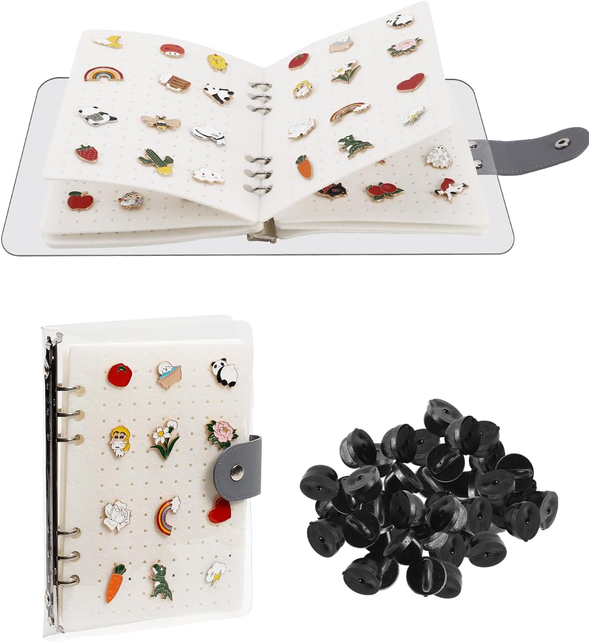 UCEC White Enamel Pin Display Book & 50 PCS Pin Backs, A5 Binder Album for Pins and Brooch, 8-Page Button Pinfolio Trading Organizer with Clear PVC Cover, Portable Enamel Pin Collection Storage Book