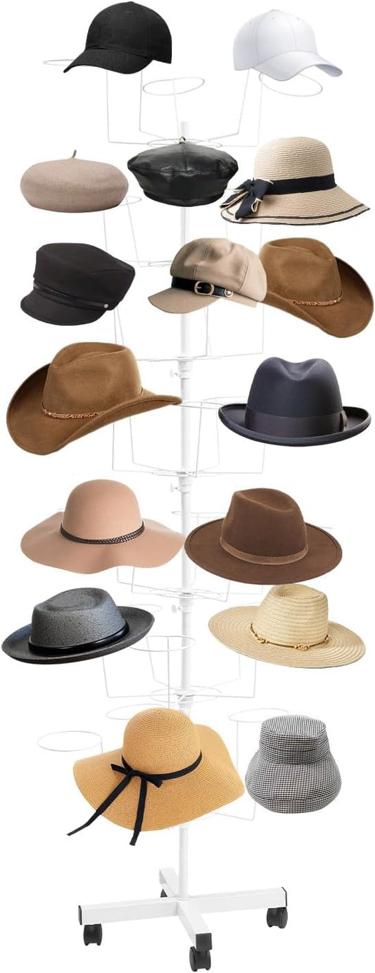 7-Tier Freestanding Hat Rack, 35 Hooks Rotating Hat Display Stand with Wheels, White Metal Hat Holder Organizer for Retail Stores, Home, Hotels Use