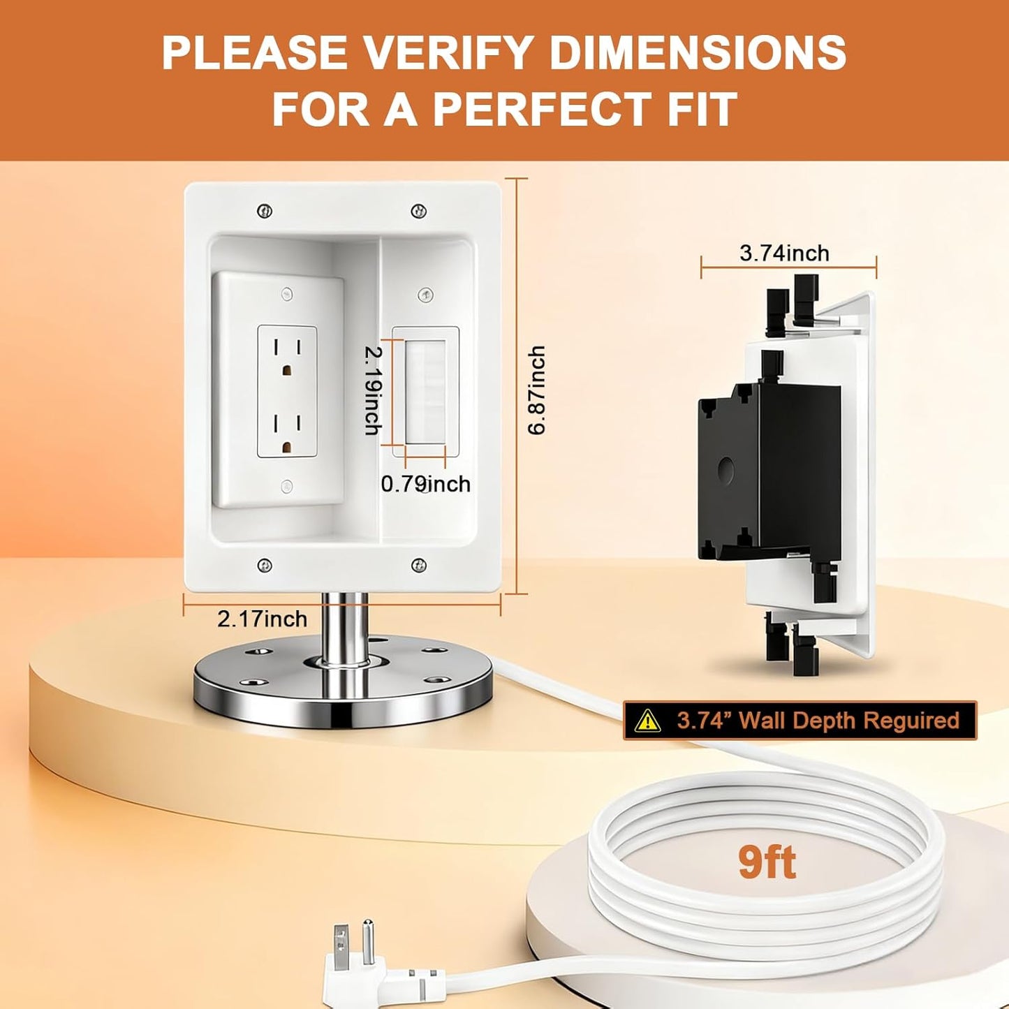 in Wall Cable Management Kit with Recessed Tv Outlet Box-Two-Hole Socket, 9ft Cord,Tv Cable Hider Wall Kit Hider Box Fits All Plugs, Easy, Safe Cable Management