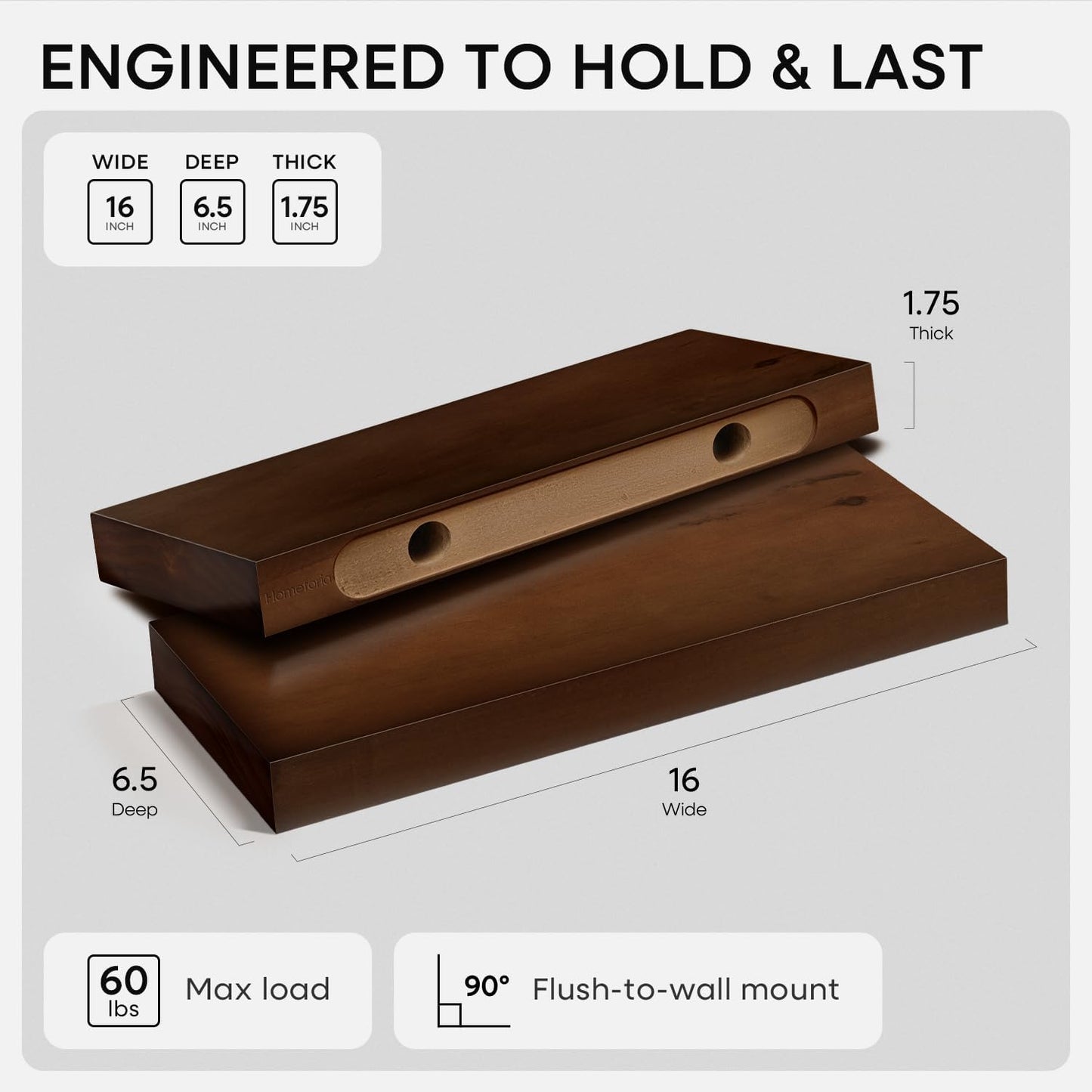 Homeforia Walnut Floating Bathroom Shelves, High End Solid Real Wood 16 inch Small Floating Shelf for Wall Mounted, Dark Brown 16inch Floating Shelves, Heavy Duty Bracket, 16 X 6.5 X 1.75 in, Set of 3