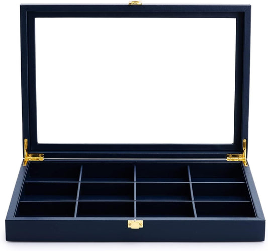 Oirlv 12 Gird Jewelry Tray with Acrylic Lid Premium Blue Leather Jewelry Organizer Box Transparent Lid Bracelet Bangle Small Watch Storage Case for Women Gift