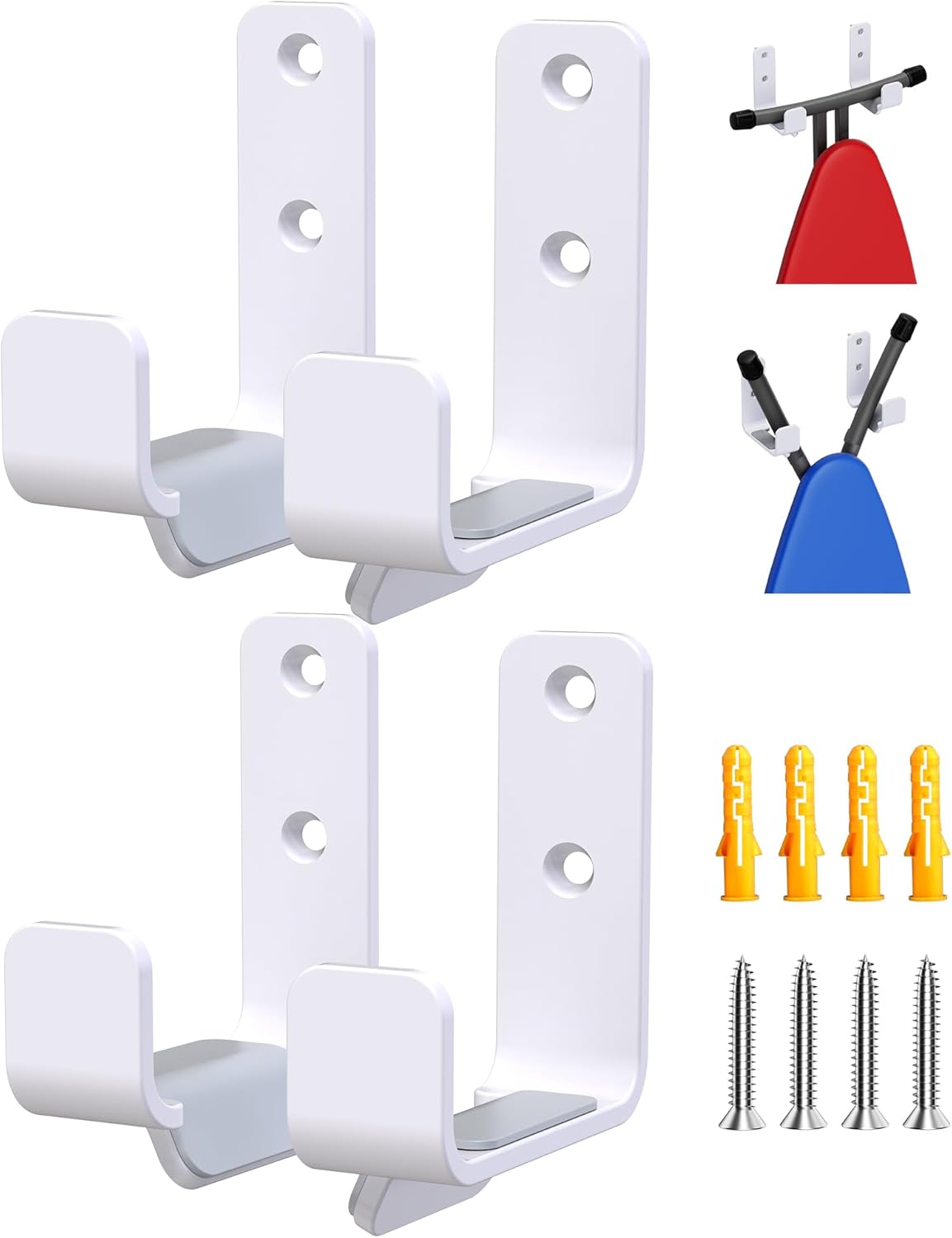 2PCS Ironing Board Holder Wall Mount White, Stainless Steel Ironing Board Hanger for Laundry Room, Adjustable Distance Holder Hook