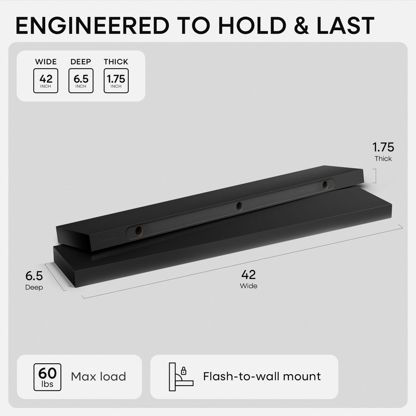 Homeforia Floating Black Shelf 42 inch, High End Solid Real Wood 42 inches Long Floating Shelves for Wall, Black Wooden 42inch Large Floating Shelves, Heavy Duty Bracket, 42 X 6.5 X 1.75 in, Set of 2