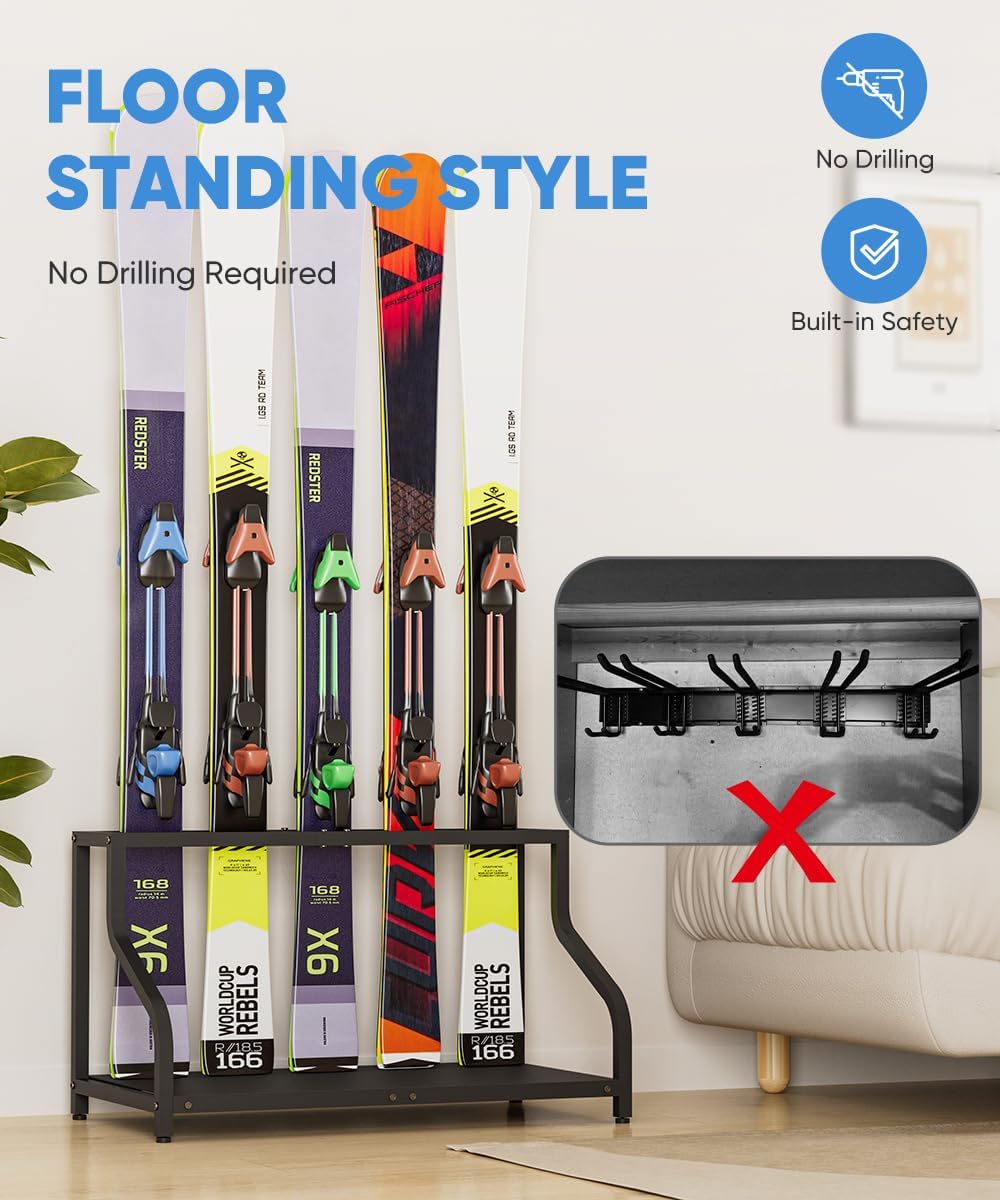 Ski Storage Rack for Garage — Freestanding Ski Holder for 5 Pair Skis, Helmet, Goggles, gloves, Indoor Snowboard Rack Organizer Stand for Home, Shed, Basement, Black