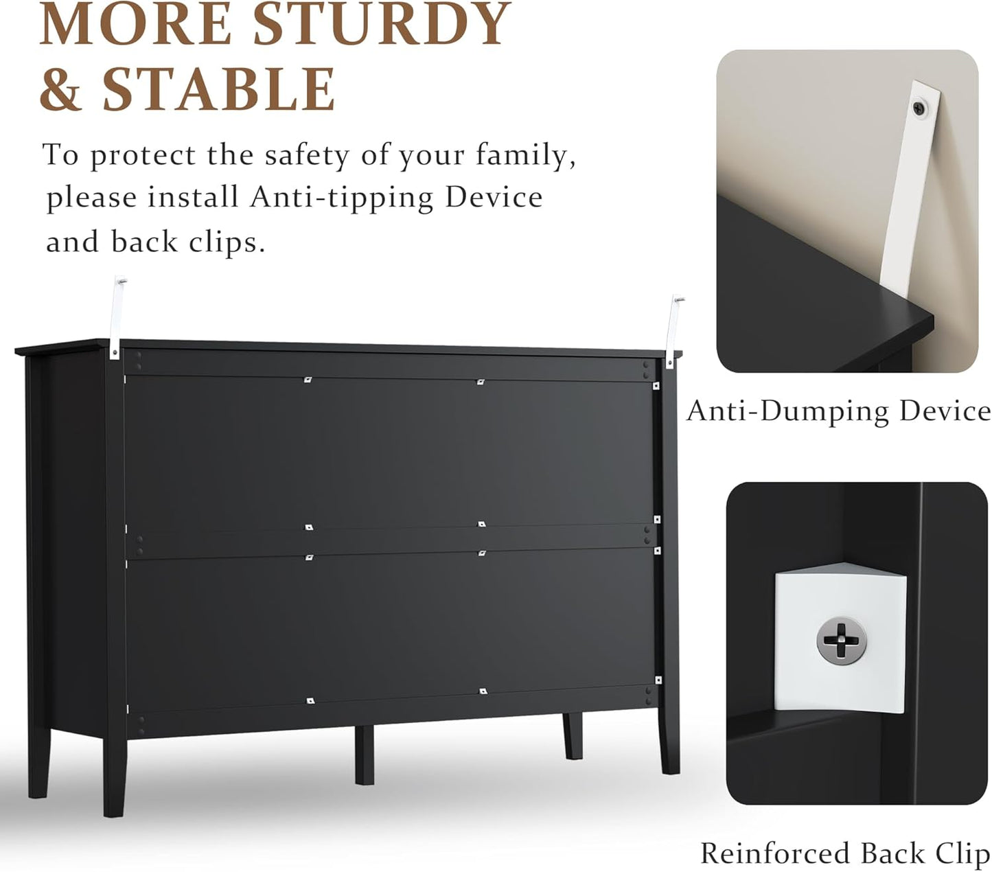 RoyalCraft Black 6 Drawer Dresser, Fluted Modern Wood Dresser, Double Chest of Drawers for Bedroom, TV Stand Storage Cabinet for Living Room