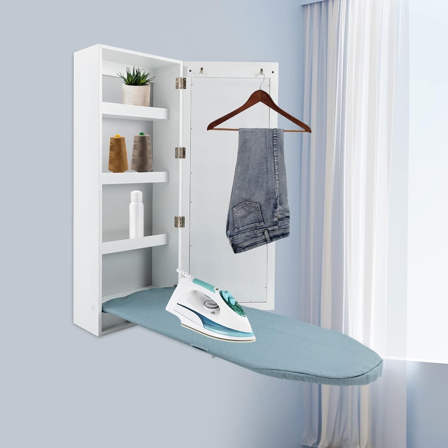 Wall Mounted Ironing Board Cabinet,Foldable Hanging Ironing Board with Mirror,Compact Mount Fold Down Iron Board for Small Spaces White